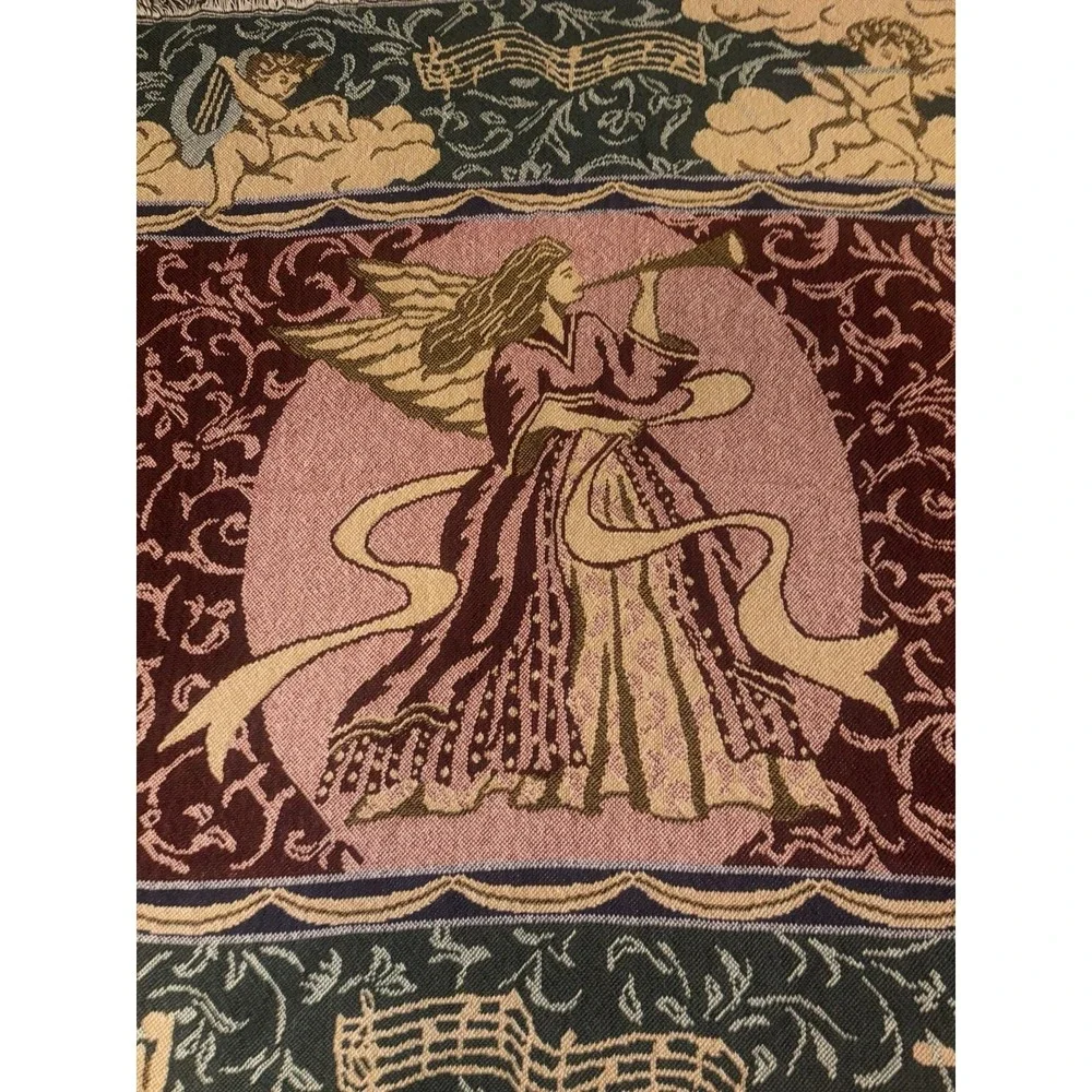 Vtg Sugar Grove Weavers Angel Woven Jacquard Tapestry Throw Blanket Fringe 90s
